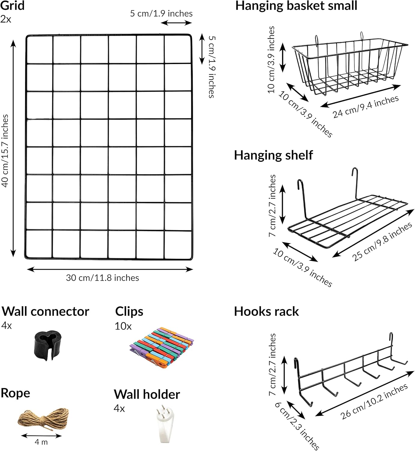 2 Pack Wire Wall Grid Panel With Accessories | Includes Hanging Basket, Shelf & Hook Rack | Photo Grid Wall Panels | Hanging Home, Office & Kitchen Décor | Metal & Black