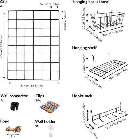 2 Pack Wire Wall Grid Panel With Accessories | Includes Hanging Basket, Shelf & Hook Rack | Photo Grid Wall Panels | Hanging Home, Office & Kitchen Décor | Metal & Black