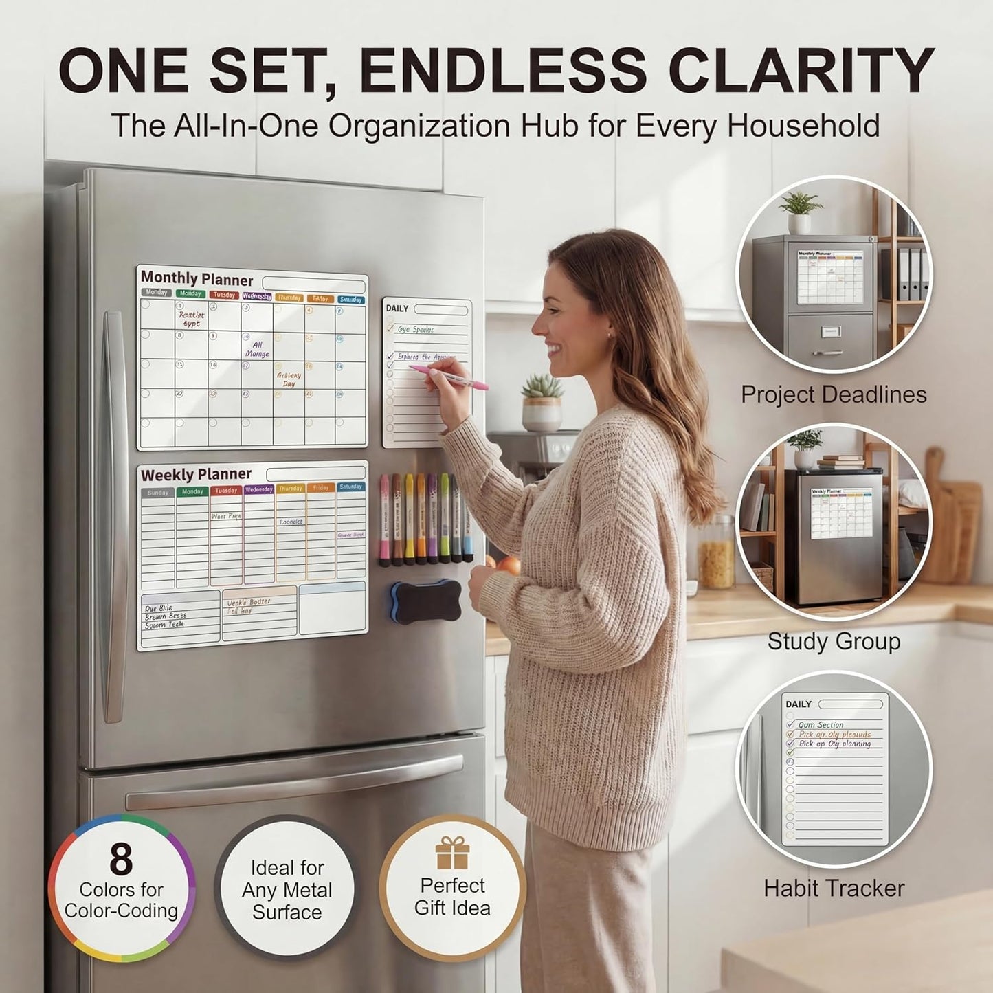 Magnetic Calendar for Refrigerator (3-Pack, Ships Flat) - 17"x12" Monthly, Weekly & Daily Planner with Lined Grids - Nano-Tech Dry Erase Board Fridge Whiteboard, 8 Markers & Eraser