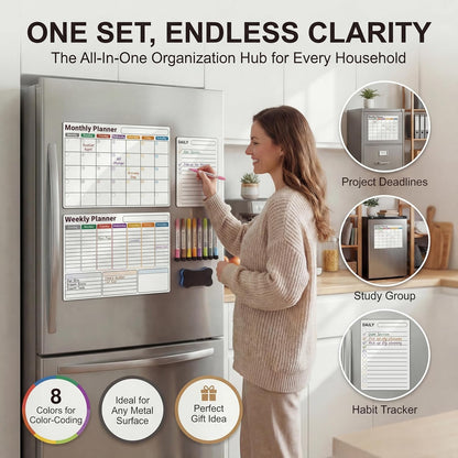 Magnetic Calendar for Refrigerator (3-Pack, Ships Flat) - 17"x12" Monthly, Weekly & Daily Planner with Lined Grids - Nano-Tech Dry Erase Board Fridge Whiteboard, 8 Markers & Eraser