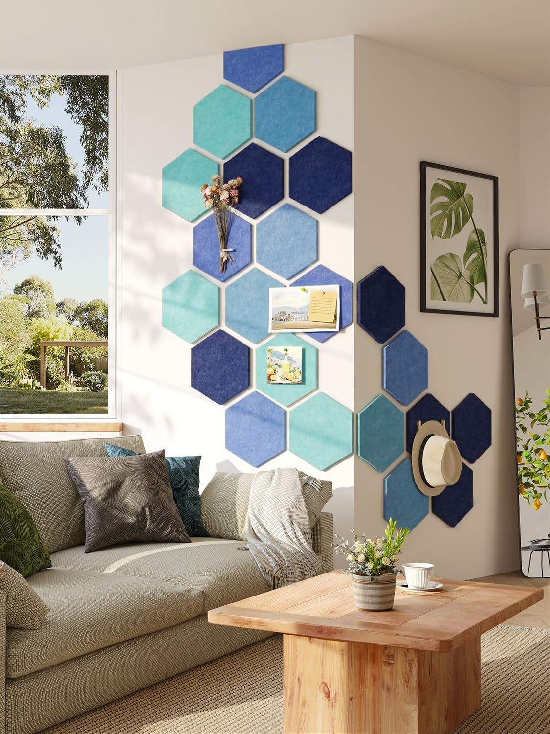 8 Pack Hexagon Felt Bulletin Board Tiles - 12" Large Thick Pin Board for Walls with 30 Push Pins, DIY Boards for Office Home School Decor, Aesthetic Hex Cork Board Alternative
