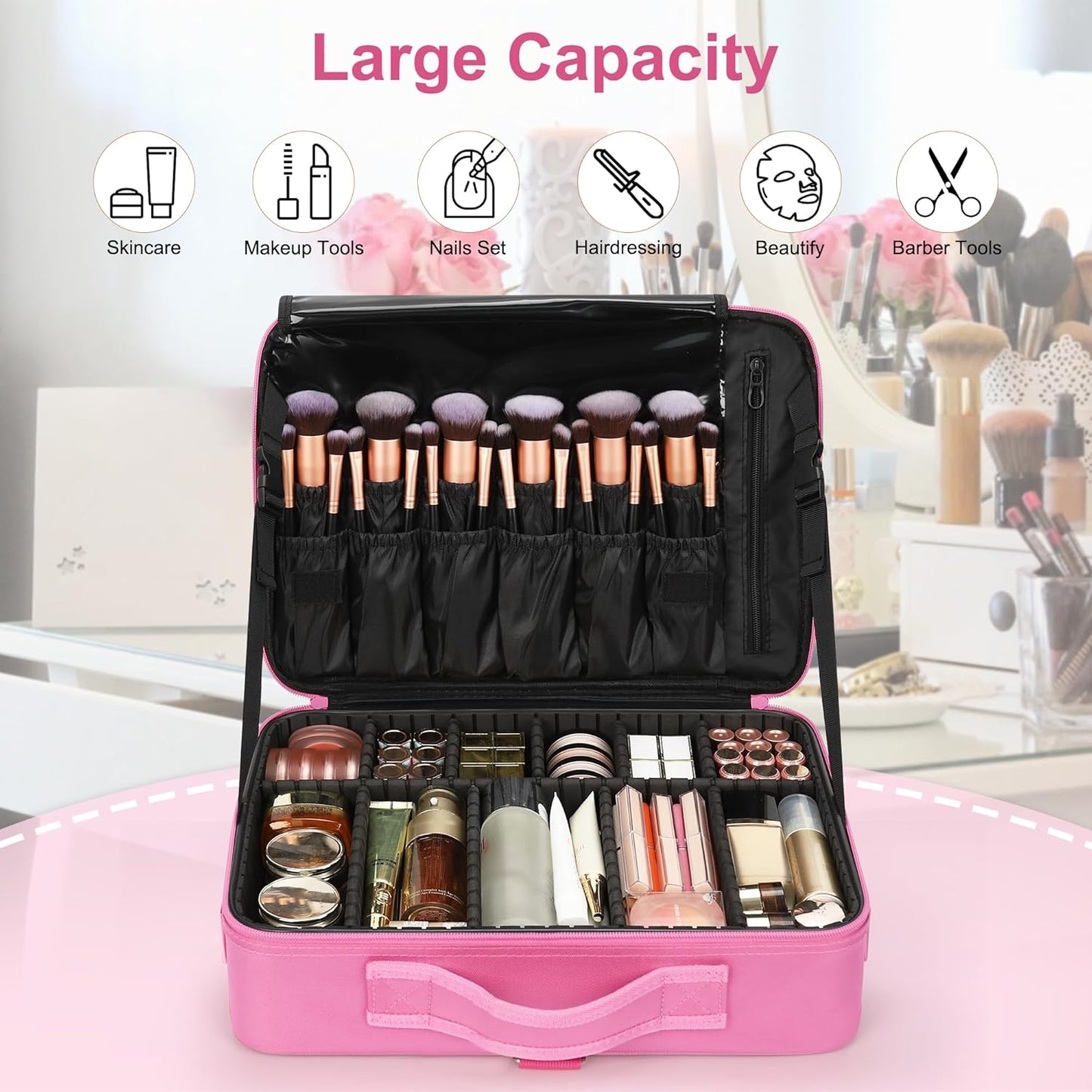 Relavel Makeup Case Large Makeup Bag Professional Train Case 16.5 inches Travel Cosmetic Organizer Brush Holder Waterproof Makeup Artist Storage Box, 3 Layer Large Capacity, with Adjustable Strap
