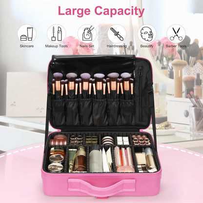 Relavel Makeup Case Large Makeup Bag Professional Train Case 16.5 inches Travel Cosmetic Organizer Brush Holder Waterproof Makeup Artist Storage Box, 3 Layer Large Capacity, with Adjustable Strap