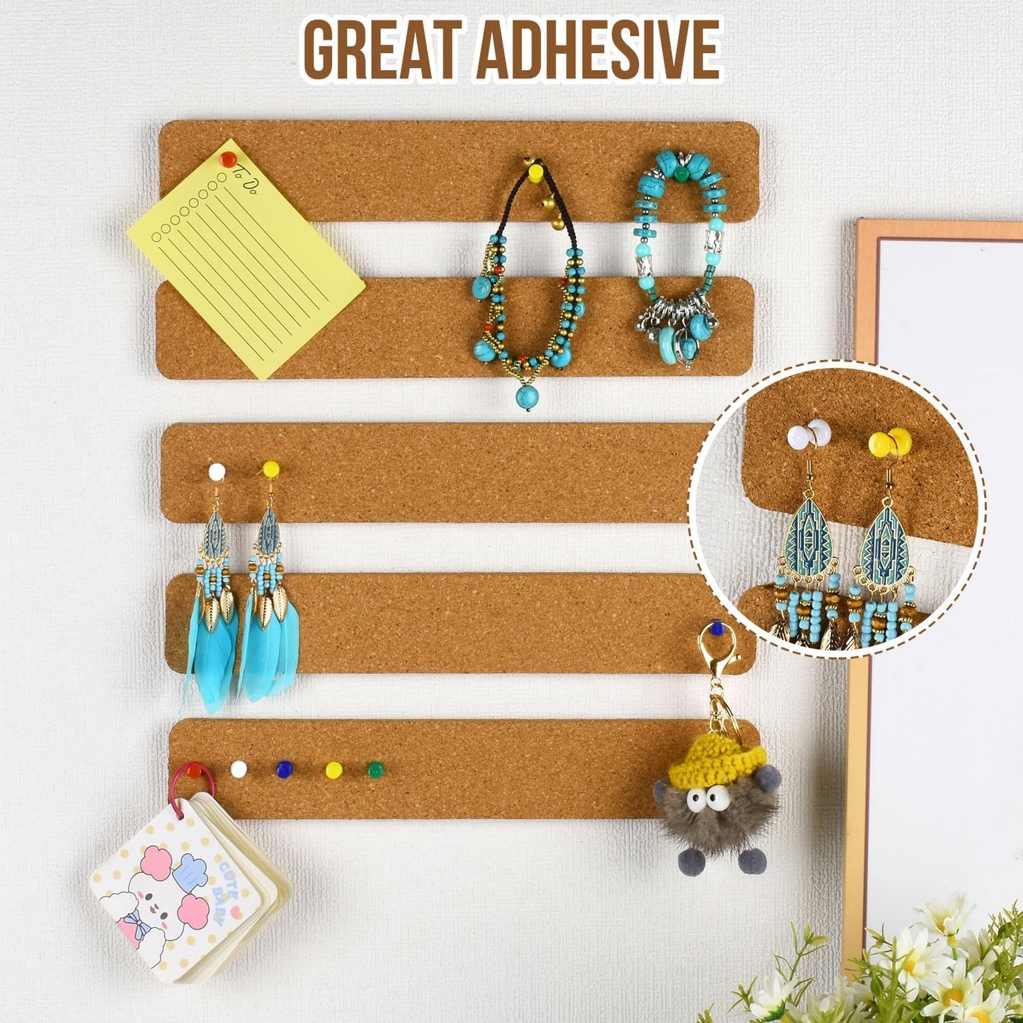6 Pack Corkboard Strips for Walls, Self Adhesive Thick Cork Board Strips, Peel and Stick Cork Board with 50 Push Pins for Paste Notes, Photos, Schedules