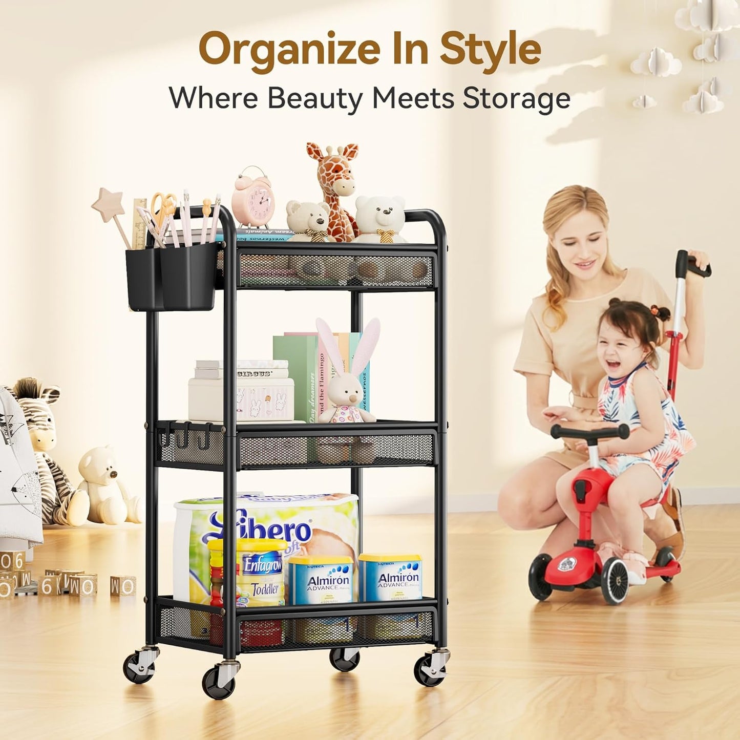 YASONIC 3 Tier Rolling Cart – Metal Utility Storage Carts with Wheels, Craft Carts Organizer with Hanging Cups, Hooks, Mesh Basket for Bedside Kitchen Office Art, Green