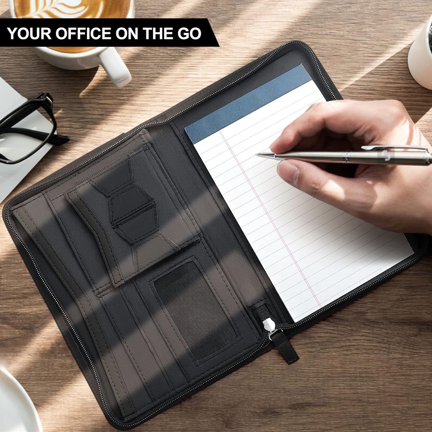 Mini Leather Zippered Padfolio Portfolio Binder 5 x 8 Legal Writing Pad, Professional Business Portfolio for Men & Women, Card Holder, Notepad Clipboard Holder (Black)