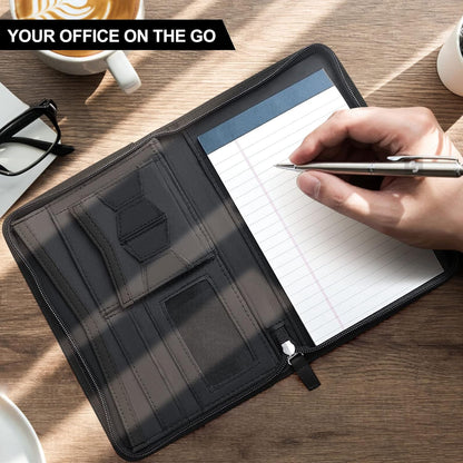 Mini Leather Zippered Padfolio Portfolio Binder 5 x 8 Legal Writing Pad, Professional Business Portfolio for Men & Women, Card Holder, Notepad Clipboard Holder (Black)
