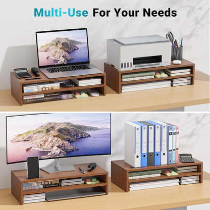 BONTEC Wooden Monitor Stand Riser for Desk, 2-Tier Computer Monitor Stand with Storage, 66 lbs Desk Shelf Organizer, Laptop & Printer Stand with Phone Holder and Cable Management, White, 16.5 Inch