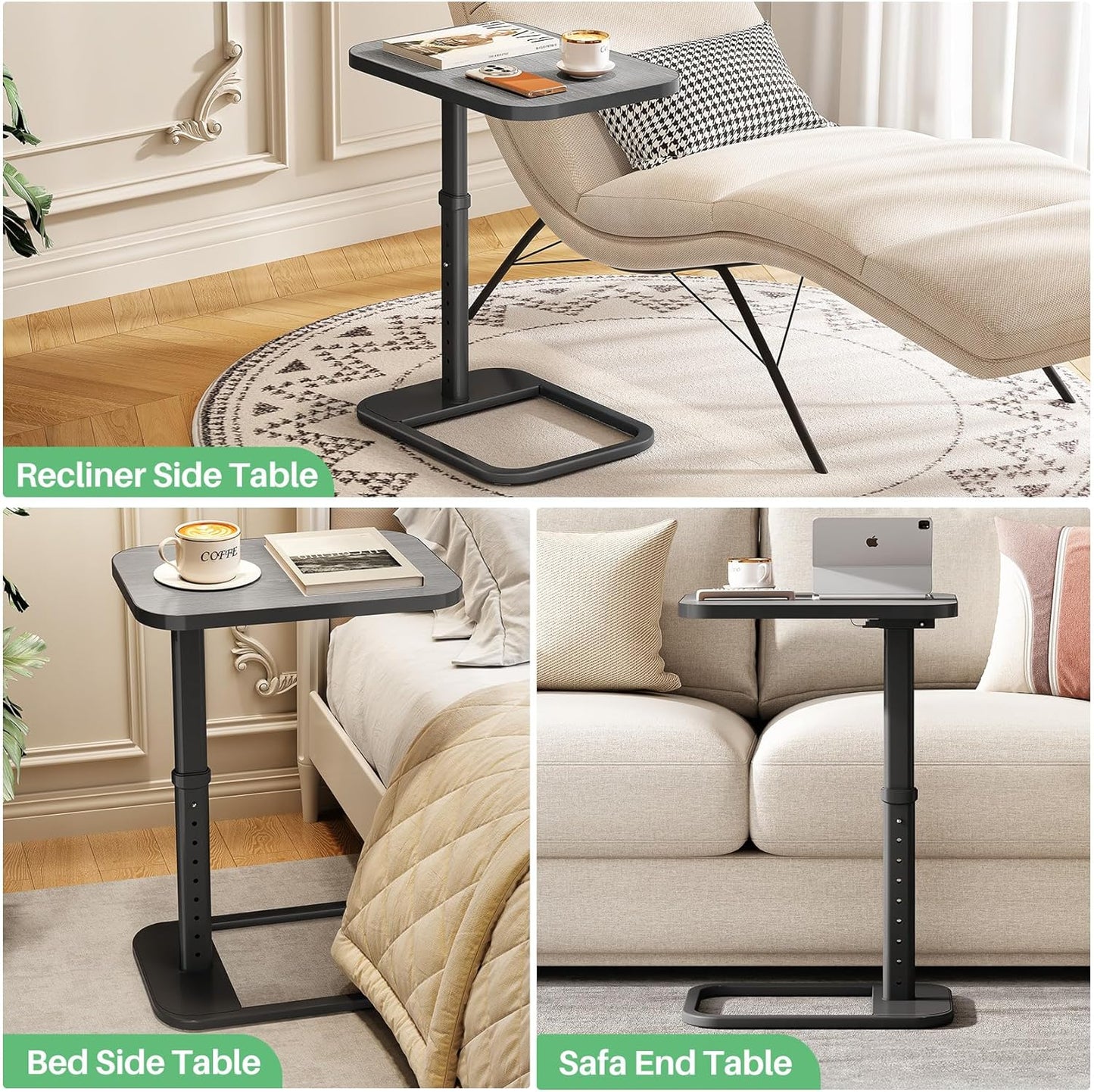 Kitstorack TV Tray Table, Adjustable Height & Flip-Top & Rounded Metal Corners, Snack Table for Couch, Sofa, Bed, Chair, Living Room, C Shaped End Side Table for Eating, Dinner or Laptop, Small Spaces