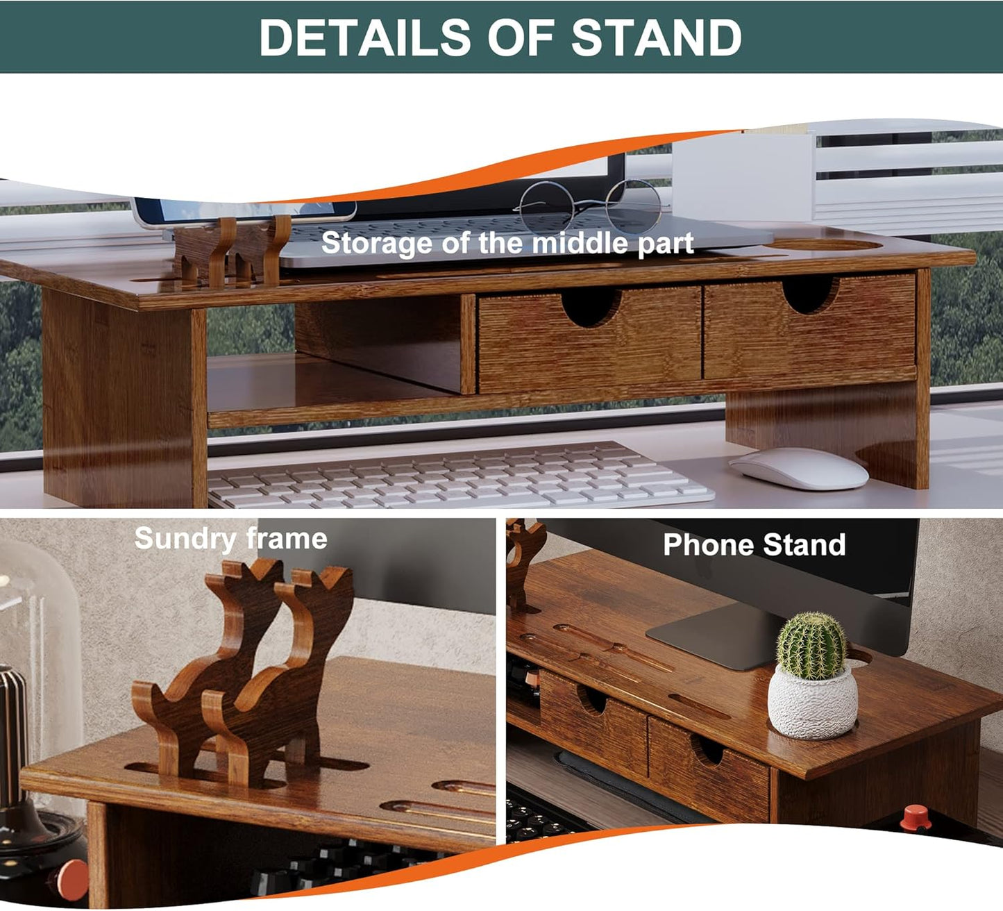 Sundale Outdoor WAYTRIM Bamboo Wood Monitor Stand Ergonomic Computer Riser with Storage Organizer Drawers Desktop Laptop Shelf Risers Cellphone Stand for Home and Office Use, Classic Antique Brown