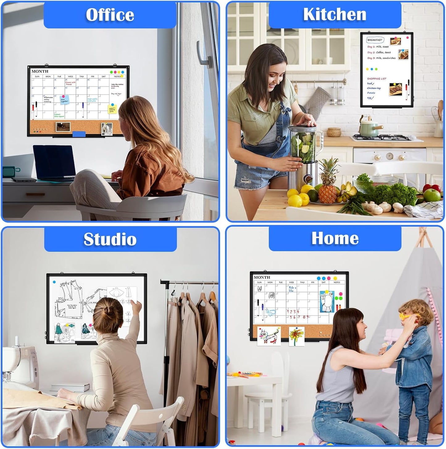 Weekly Dry Erase Calendar Whiteboard for Wall, 24" x 18" Double-Sided Weekly Planner White Board Cork Combo, Hanging & Wall Mount Week Bulletin Board with Notes for Home, Office, School, Kitchen