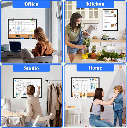 Weekly Dry Erase Calendar Whiteboard for Wall, 24" x 18" Double-Sided Weekly Planner White Board Cork Combo, Hanging & Wall Mount Week Bulletin Board with Notes for Home, Office, School, Kitchen