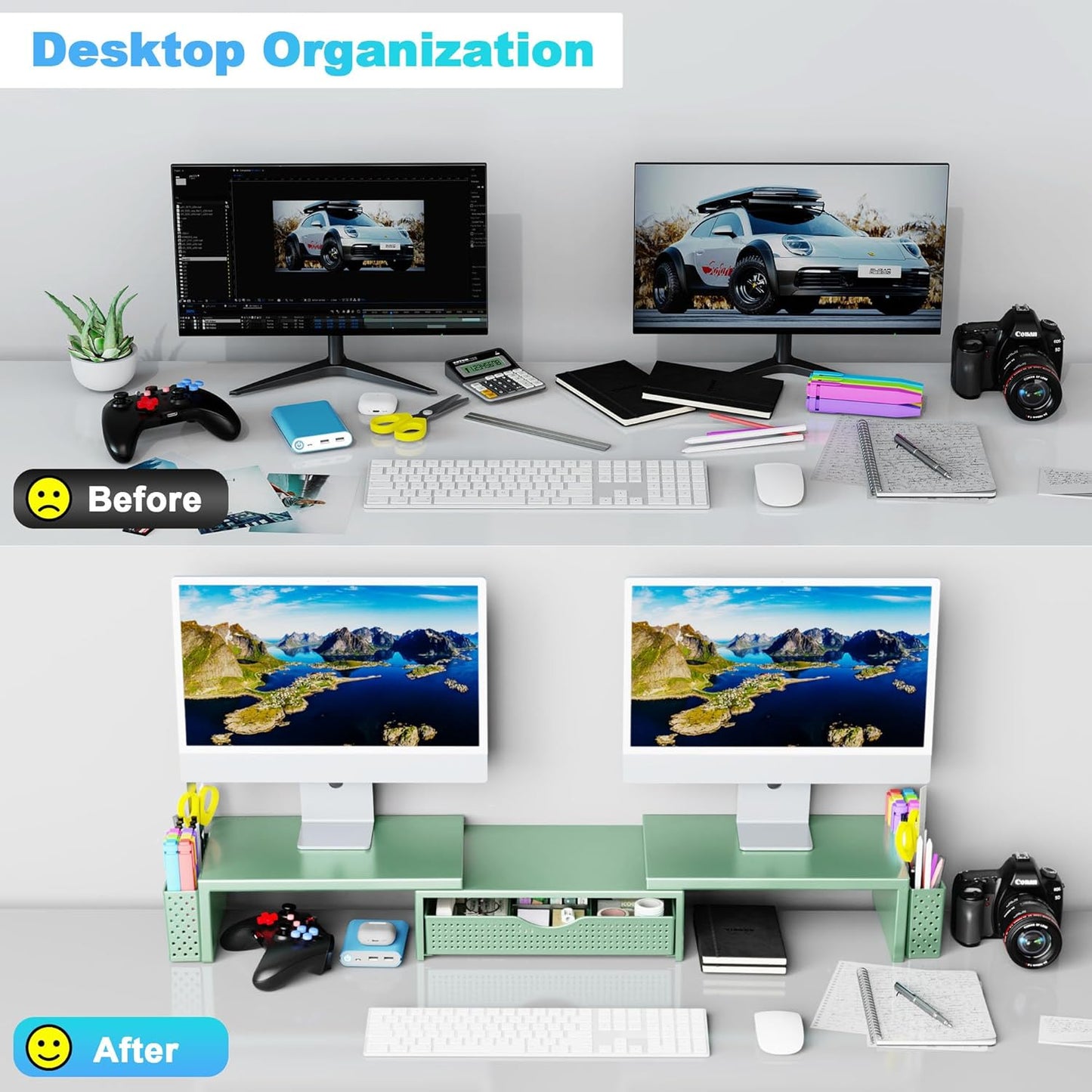 Spacrea Metal Desk Organizers and Accessories, Dual Monitor Stand Riser with Drawer and 2 Pen Holders, Desk Accessories & Workspace Desktop Organizers for Office Supplies (Wood)