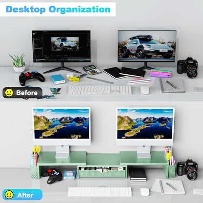 Spacrea Metal Desk Organizers and Accessories, Dual Monitor Stand Riser with Drawer and 2 Pen Holders, Desk Accessories & Workspace Desktop Organizers for Office Supplies (Wood)