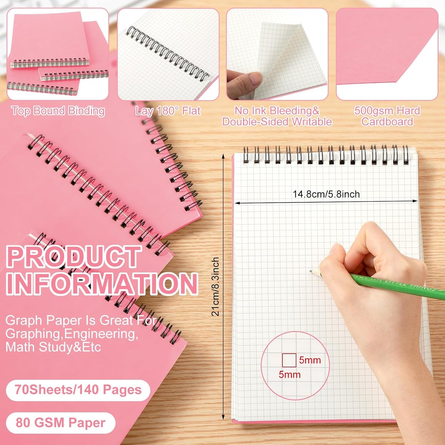 Engrowtic 6 Pack Graph Paper Spiral Notepad A5 Top Wirebound Notepad Grid Notebook Steno Pad Memo Notebook Grid Paper 140 Pages for Writing Sketching Drawing Office Supply (Black)