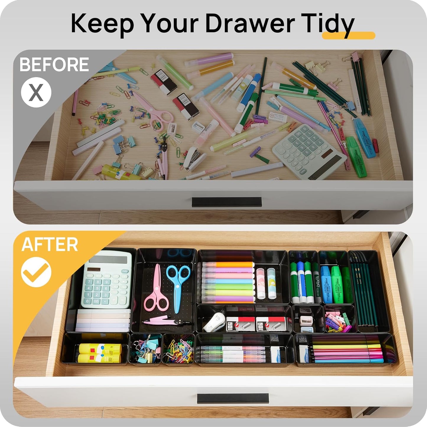 Vtopmart 25 PCS Clear Plastic Drawer Organizers Set, 4-Size Versatile Bathroom and Vanity Drawer Organizer Trays, Storage Bins for Makeup, Bedroom, Kitchen Gadgets Utensils and Office