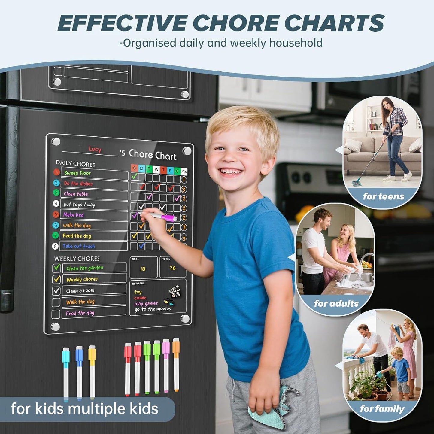 Acrylic Magnetic Chore Chart for Kids/Teens/Adults, 9.5"x12", Reusable Chore Checklist & Responsibility Tracker (1 Pack)