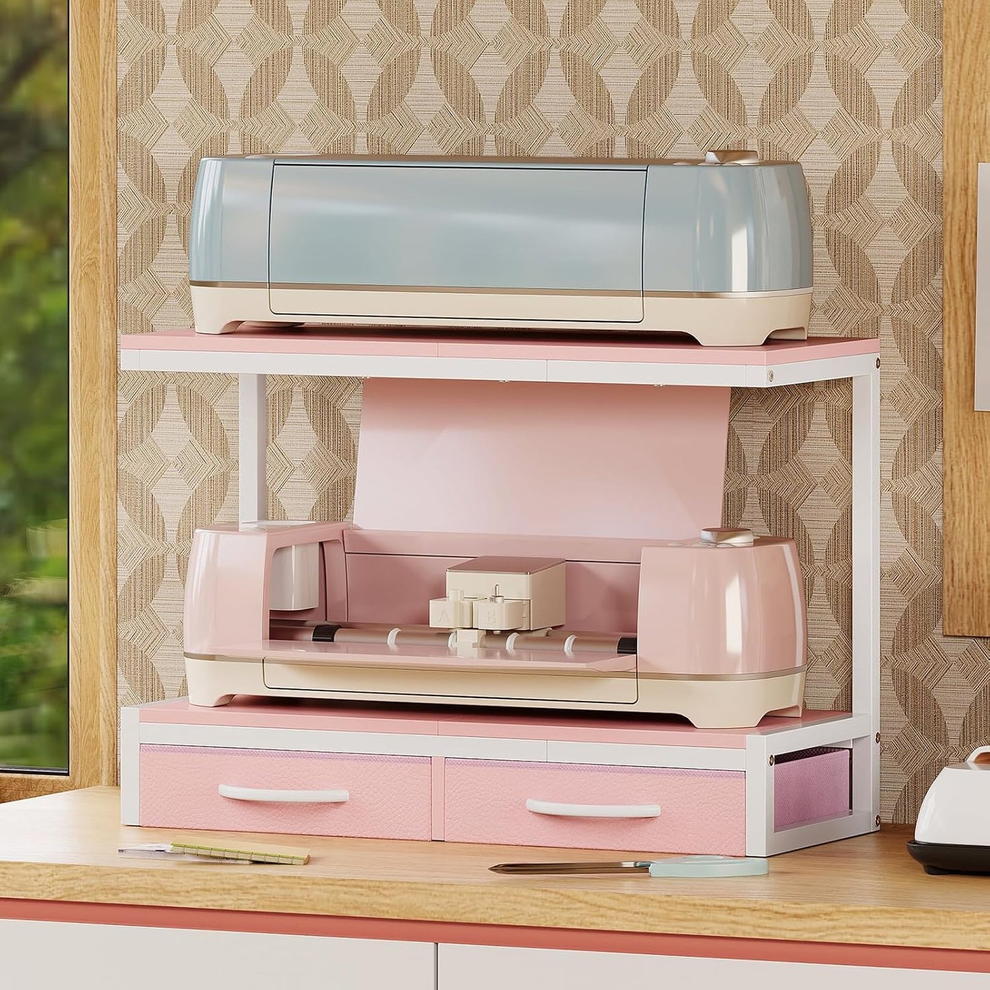 VENNQD Stand Compatible with Cricut Maker and Cricut Explore Air Series Stand Legs for 2 Cricut Machines Fully Open 2 Tier Desktop Craft Accessories Storage Organizer (White)