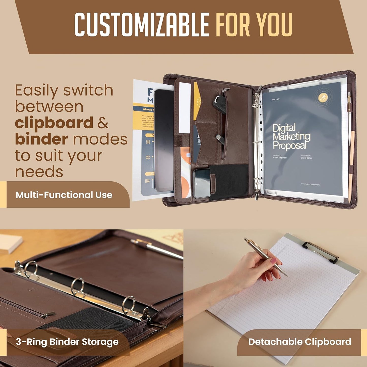 STYLIO Zipper Padfolio Portfolio Binder Organizer | Faux Leather Portfolio for Resume, Documents, Phone, Tablet, Business Supplies and Cards | Notebook Organizer with Letter Sized Notepad Included
