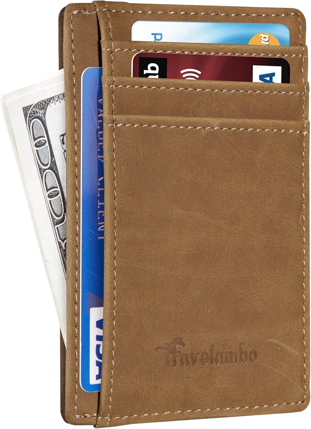 Travelambo Slim Wallet Front Pocket Minimalist Leather RFID Blocking Medium Size