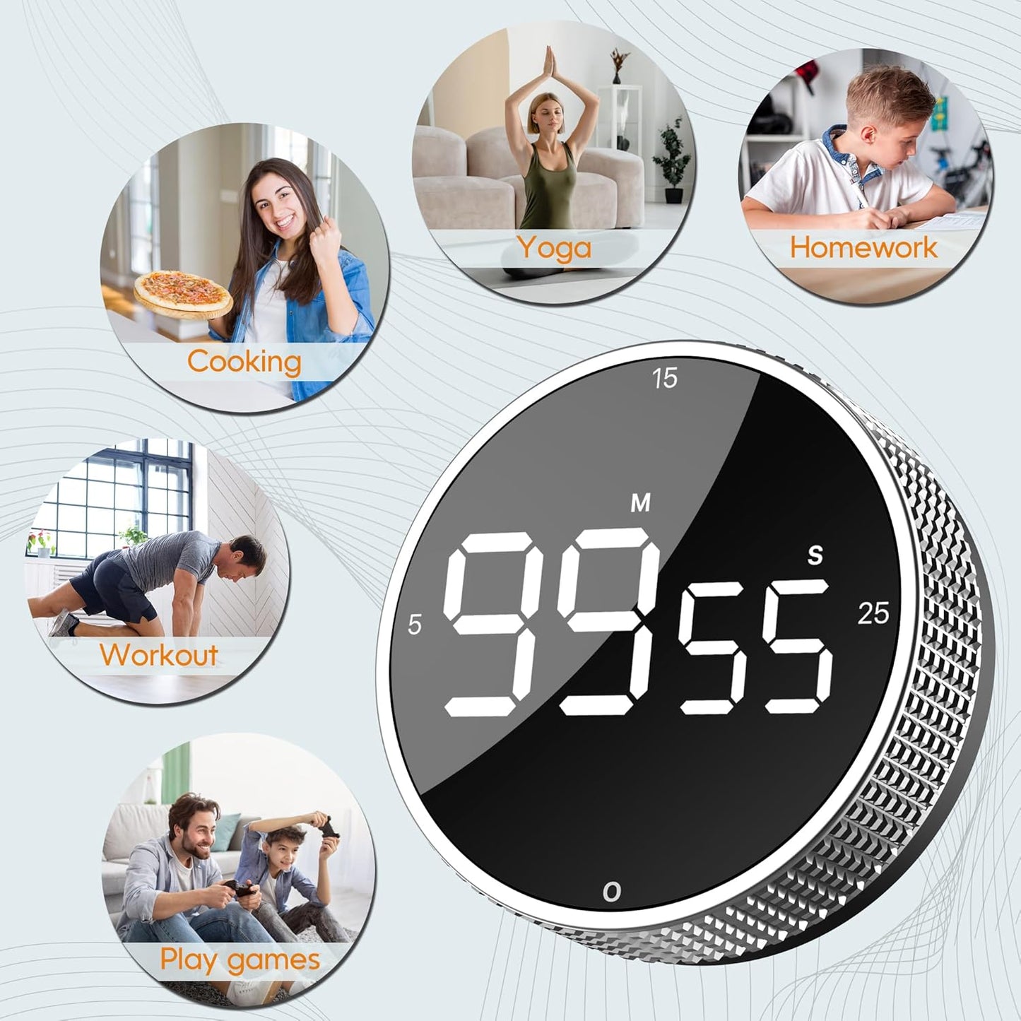 Upgrade Digital Kitchen Timer - Magnetic Countdown Countup Visual Pomodoro Timer with Large LED Display, 3-Preset Times (5, 15, 25), 3 Volume Levels, Ideal for Cooking, Baking and Fitness (1, Tarnish)