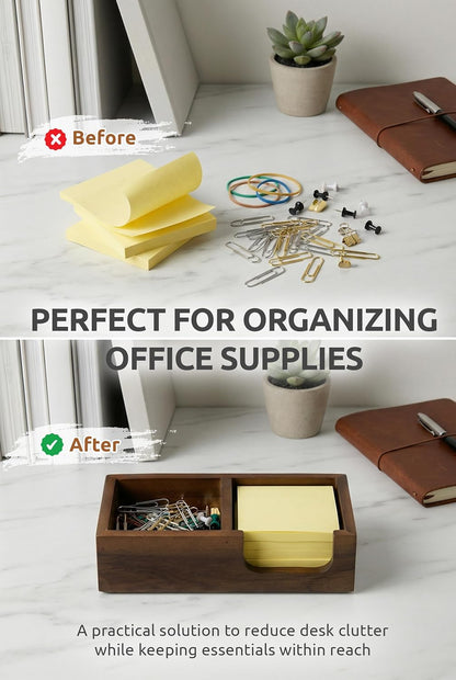 Demigo Wooden Sticky Note Holder for Desk – Solid Acacia Wood Organizer for 3x3 Note Pads, Paper Clips, Office Supplies – Compact Memo Pad Holder for Home Office, Teachers