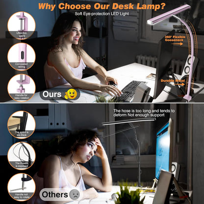 Airlonv LED Desk Lamp for Office Home, Eye-Caring Desk Light with Stepless Dimming Adjustable Flexible Gooseneck, 10W USB Adapter Desk Lamp with Clamp for Reading, Study, Workbench (Black)