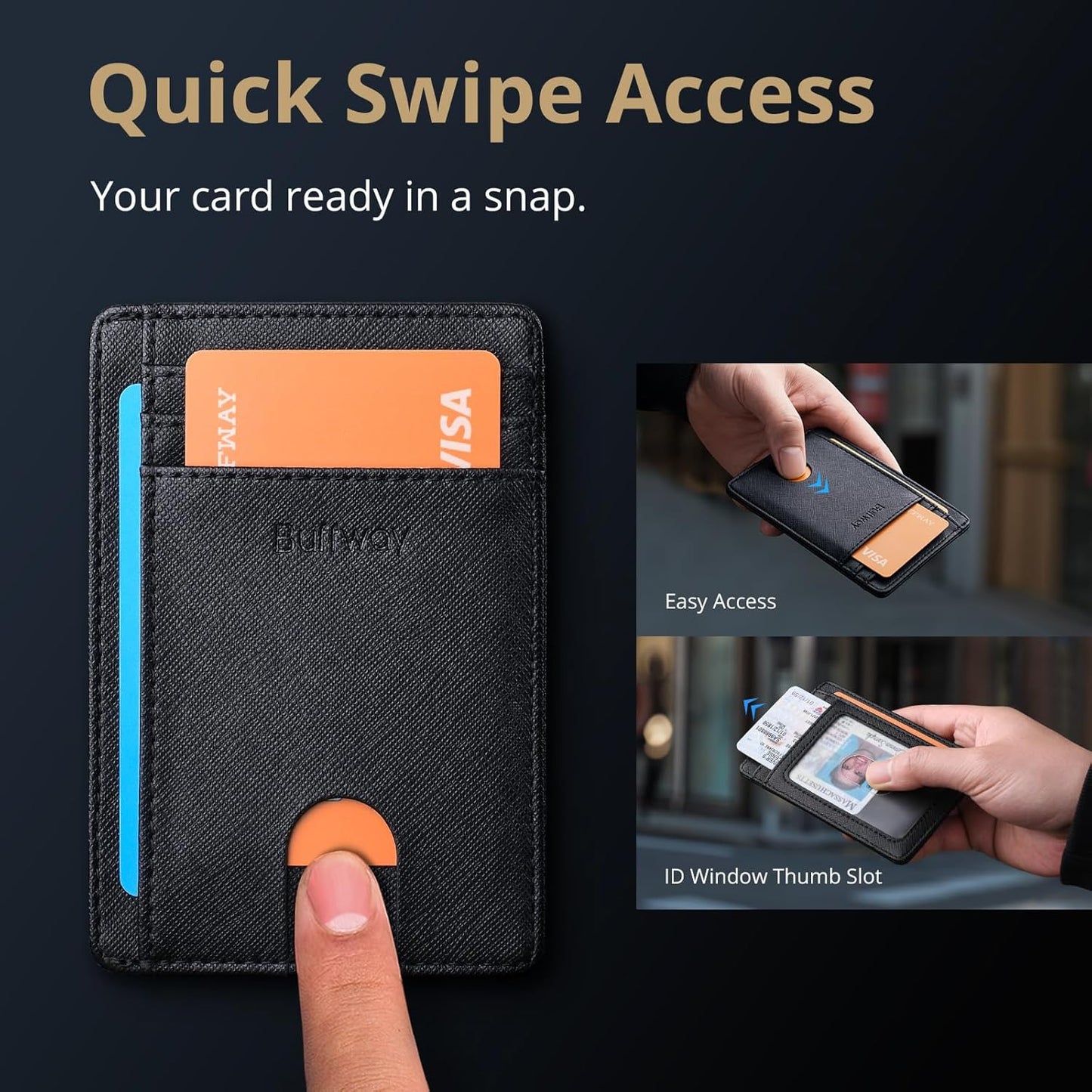 Buffway Slim Minimalist Front Pocket RFID Blocking Leather Wallets for Men and Women - Carbon Fiber Black - Colors B