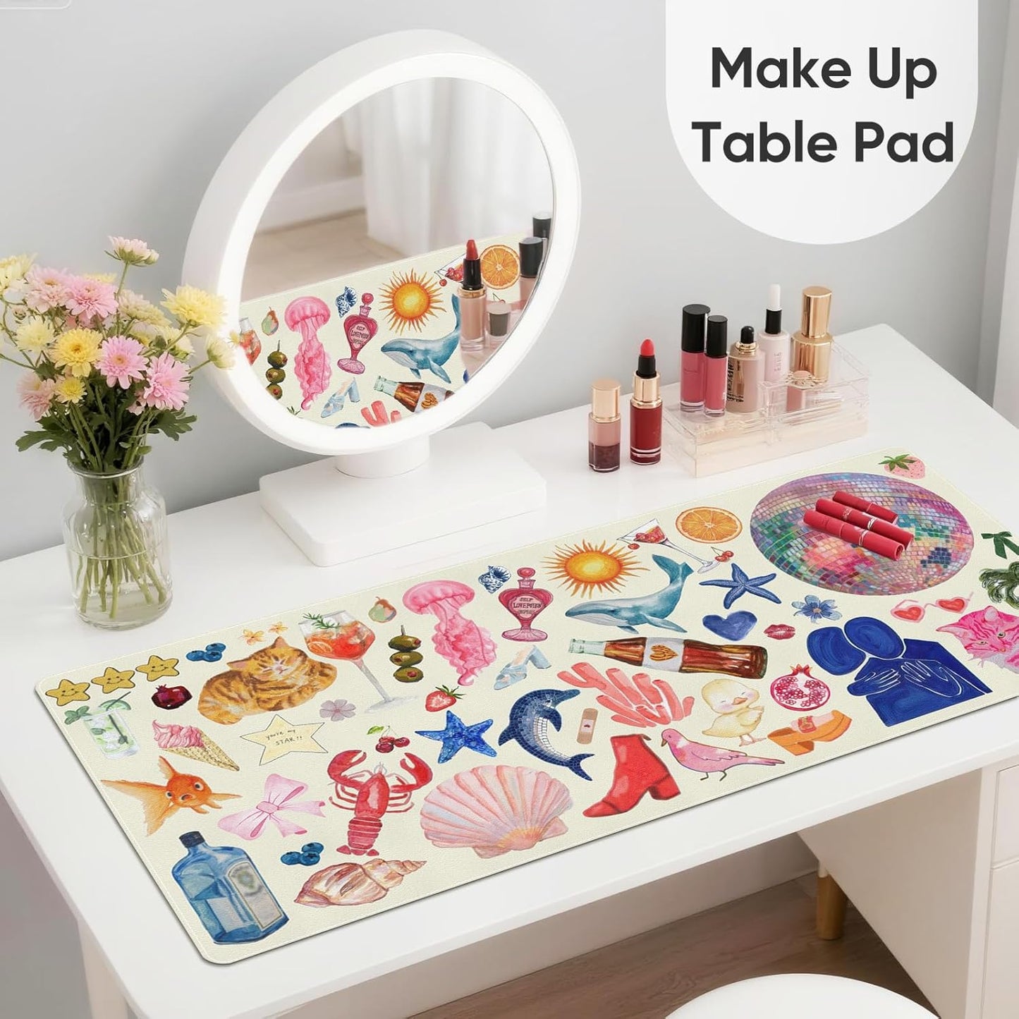 Pink Desk Mat, Leather Desk Pad Blotter Protector, XXL Large Mouse Pad,Computer Laptop Mouse Pads for Desktop,Waterproof Writing Anti-Slip Mousepad for Office and Home I Colorful Stickers