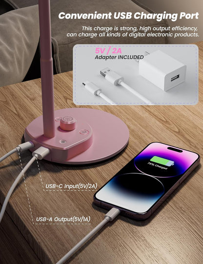 BOHON LED Desk Lamp with USB Charging Port, 3 Color Modes Dimmable Reading Lamp, Auto Dimming Task Lamp, Flexible Neck Table Light for Dorm Bedside, Adapter Include, White