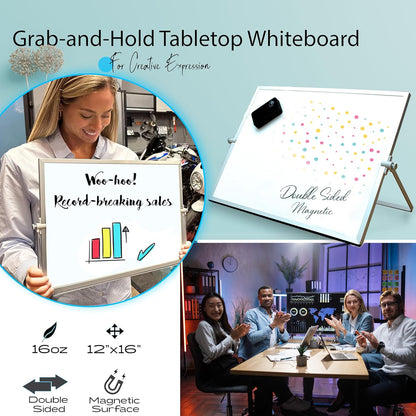 Magnetic Dry Erase Board 16x12 Inch - Double-Sided Desktop Whiteboard with 360° Rotating Stand - Small Portable White Board Set with 10 Markers, 4 Magnets, Eraser for Home Office, School, Desk