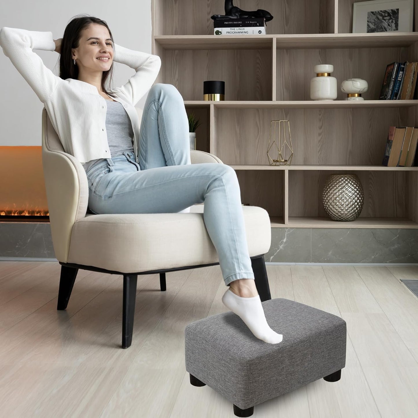 CAROLMADE Small Foot Stool Ottoman Footstool with Legs Under Desk Footrest for Living Room Bedroom and Office, Soft Ivory White