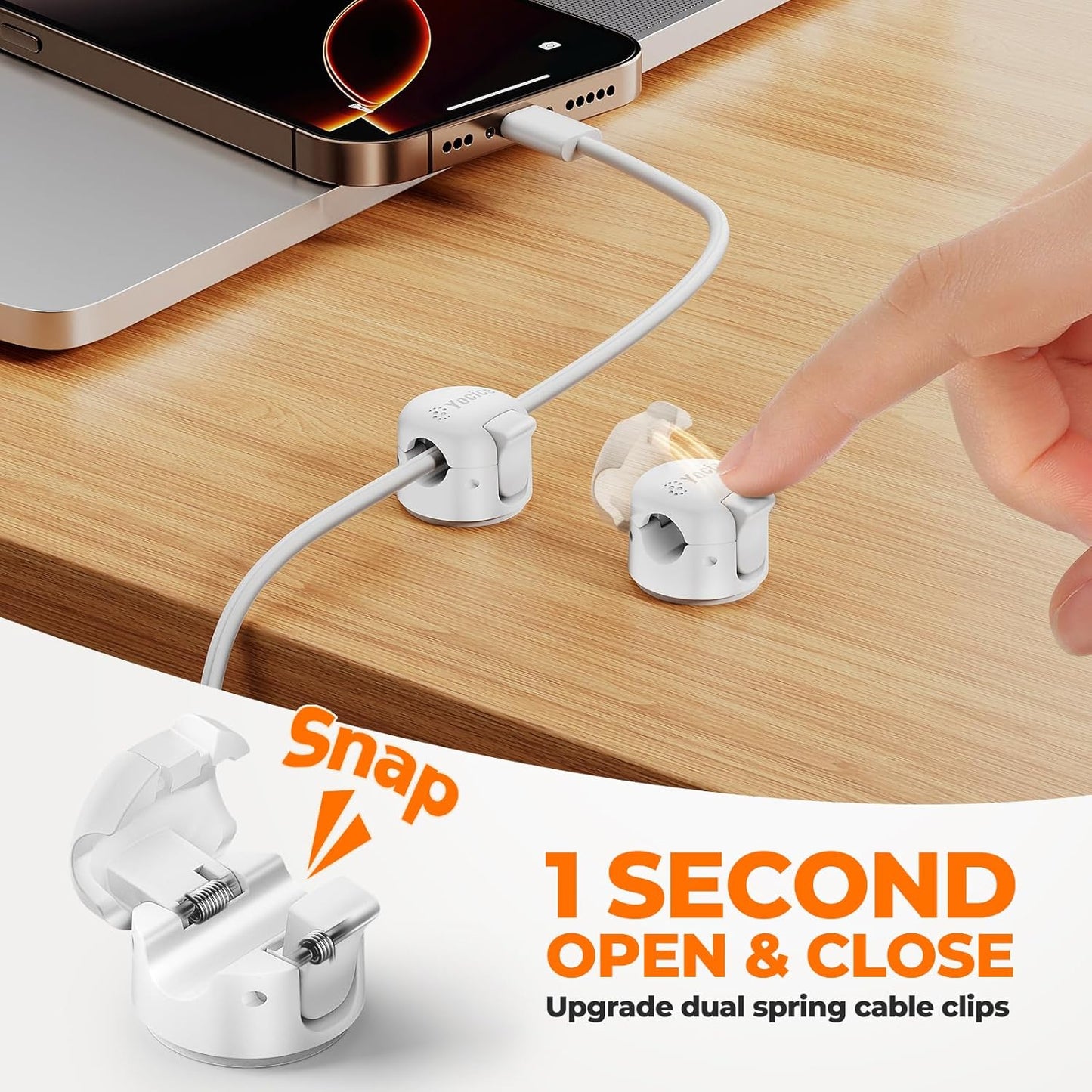 6 Pack Locking Spring Cable Clips, Rotatable Cord Organizer with Secure Lock Design, Adhesive Cord Holder for Desk Home Office Car Wall Charger Cable Management, Clear