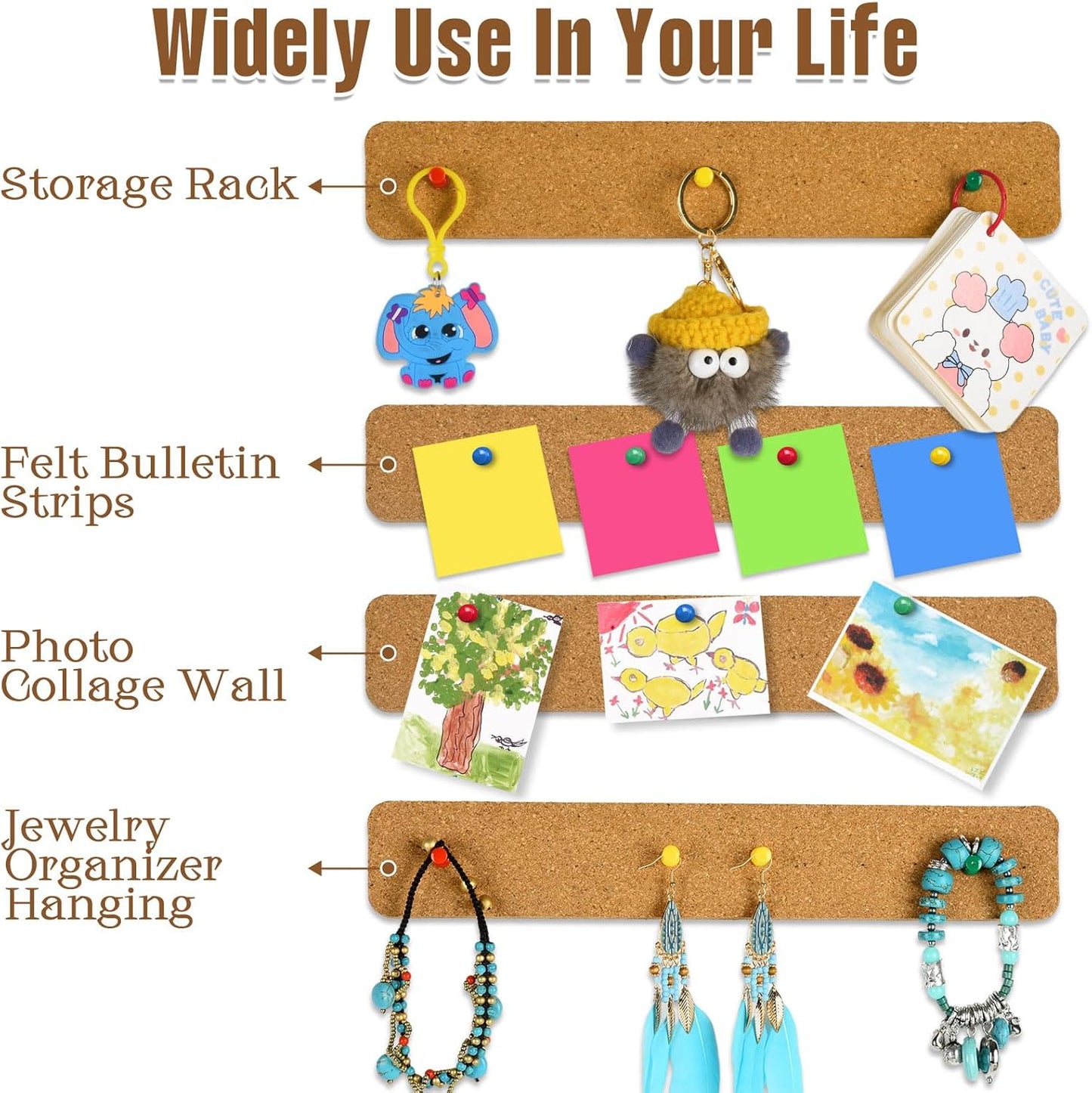 6 Pack Corkboard Strips for Walls, Self Adhesive Thick Cork Board Strips, Peel and Stick Cork Board with 50 Push Pins for Paste Notes, Photos, Schedules