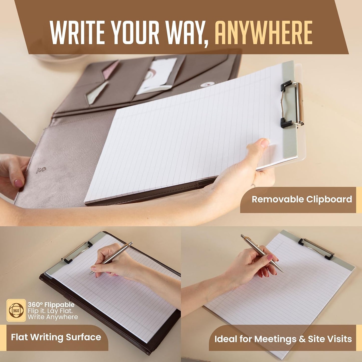 STYLIO Padfolio Portfolio Organizer Binder | Interview Resume Folder, Legal Document, Business Card Holder |w/Letter-Sized Notepad | Handsome Piano Noir Faux Leather Folio Matte Finish, Accent Stitch