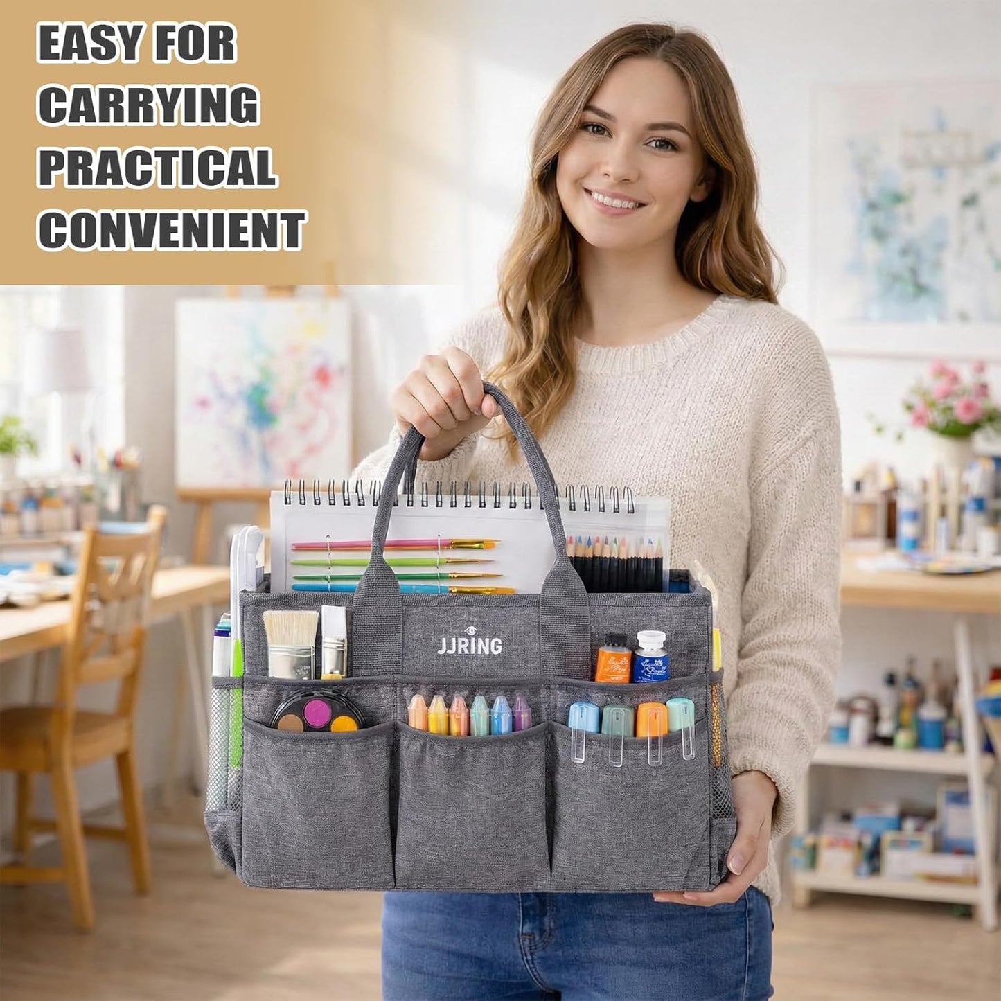 JJRING Large Art Supply Storage Tote Bag With 2 Mesh Side Pockets & Front Elastic Pockets – Sturdy Craft Organizer Caddy with Reinforced Bottom For Sewing, Scrapbooking, Teachers & Artists(Green) | Breathable Material