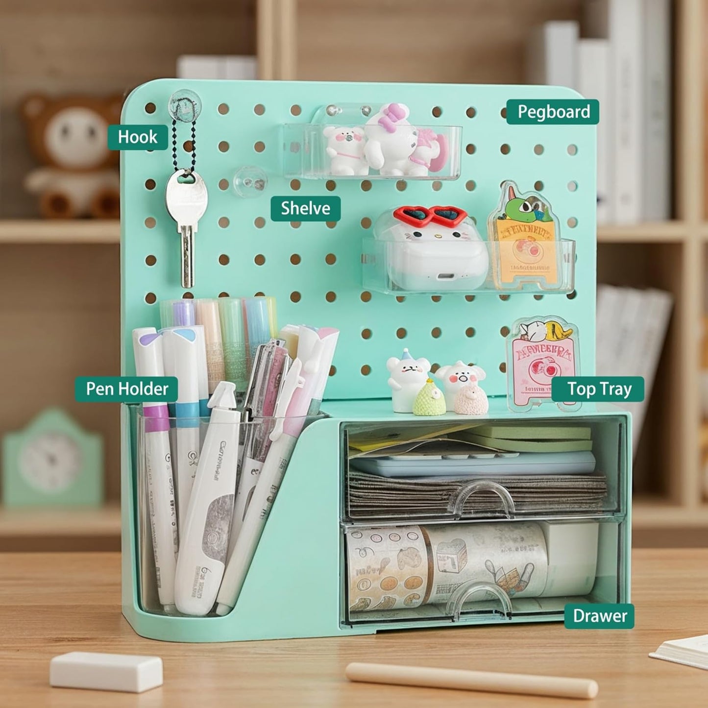 Comix 360° Rotating Pen Holder for Desk, Cute Pencil Holder Pen Organizer, Green Acrylic Pencil Cup Caddy with 5 Slots for Home School Office Supplies