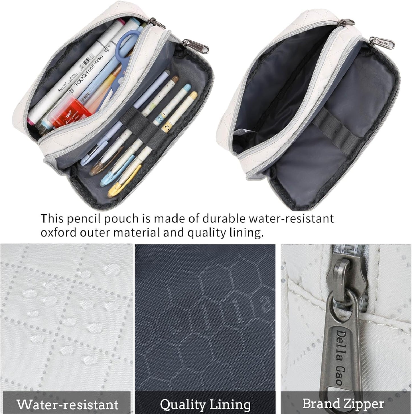 Della Gao Large Pencil Case, Big Capacity Pencil Pouch with 2 Compartments, Office Pencil Bag with Zipper, Big Pen Case for Adults (01-Black)