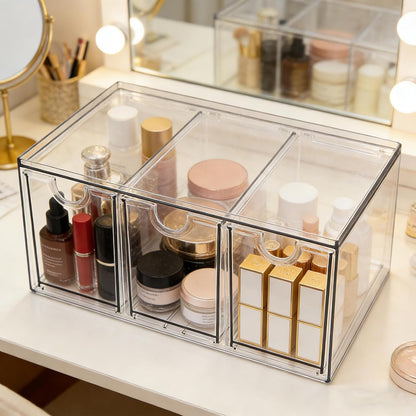 Prsildan Acrylic Drawer Makeup Organizer with 6 Drawers (Not for Baby Bottle), Set of 2 Office Desk Organizers Accessories, Clear Stackable Storage Drawers for Vanity, Craft (Largest Drawer 4" Tall)