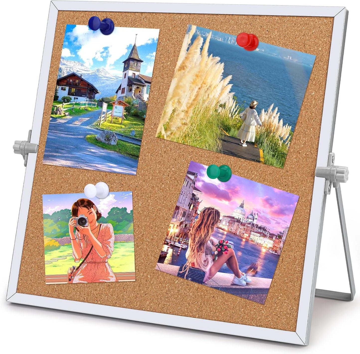 9.8"×9.8" Cork Board Bulletin Board, Double Sided Pin Board with Silver Aluminum Border, Desktop Small Cork Board with Stand Suitable for Home, Office, Desk Message Board or Picture Board