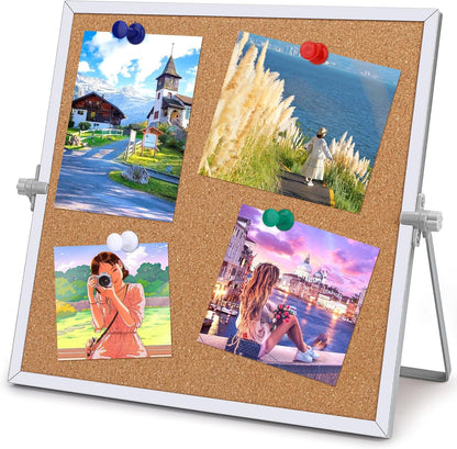 9.8"×9.8" Cork Board Bulletin Board, Double Sided Pin Board with Silver Aluminum Border, Desktop Small Cork Board with Stand Suitable for Home, Office, Desk Message Board or Picture Board