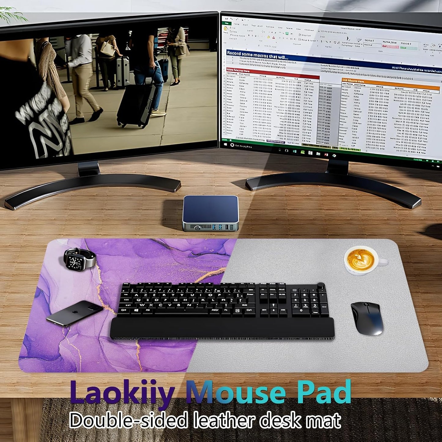 Dual-Sided Desk Pad, Large Mouse Pad - Natural Cork & PU Leather Non-Slip Waterproof Desk Mats for Office and Home (Blue, 31.5" x 15.7")