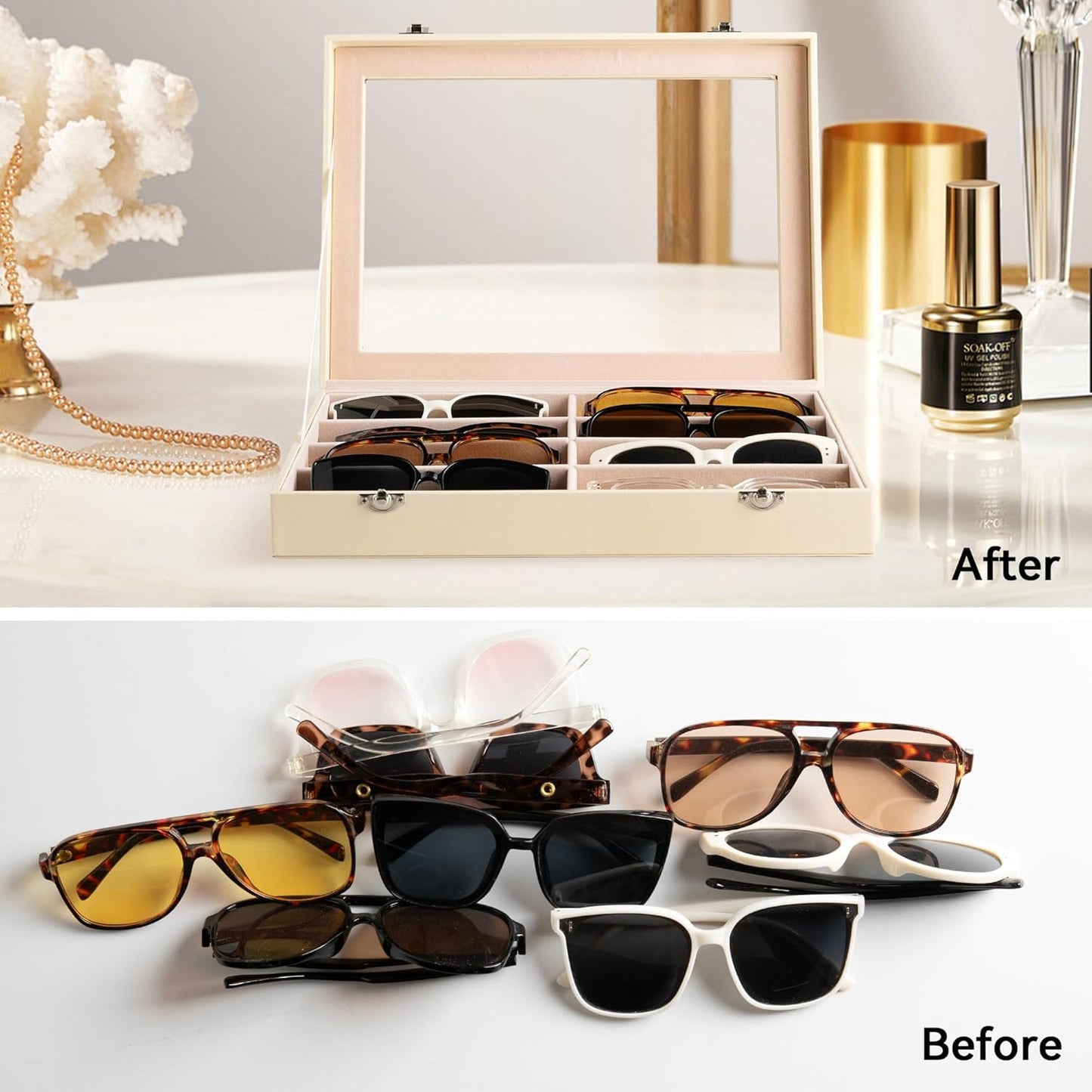 Frebeauty Sunglass Organizer,PU Leather Glasses Organizer,8-Slot Sunglasses Tray,Men's/Women's Sunglasses Box,Sunglass Case,13.3 x 9.6 x 1.5 Inches,Eyeglass/Eyewear Display Tray(Grey)