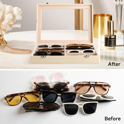 Frebeauty Sunglass Organizer,PU Leather Glasses Organizer,8-Slot Sunglasses Tray,Men's/Women's Sunglasses Box,Sunglass Case,13.3 x 9.6 x 1.5 Inches,Eyeglass/Eyewear Display Tray(Grey)