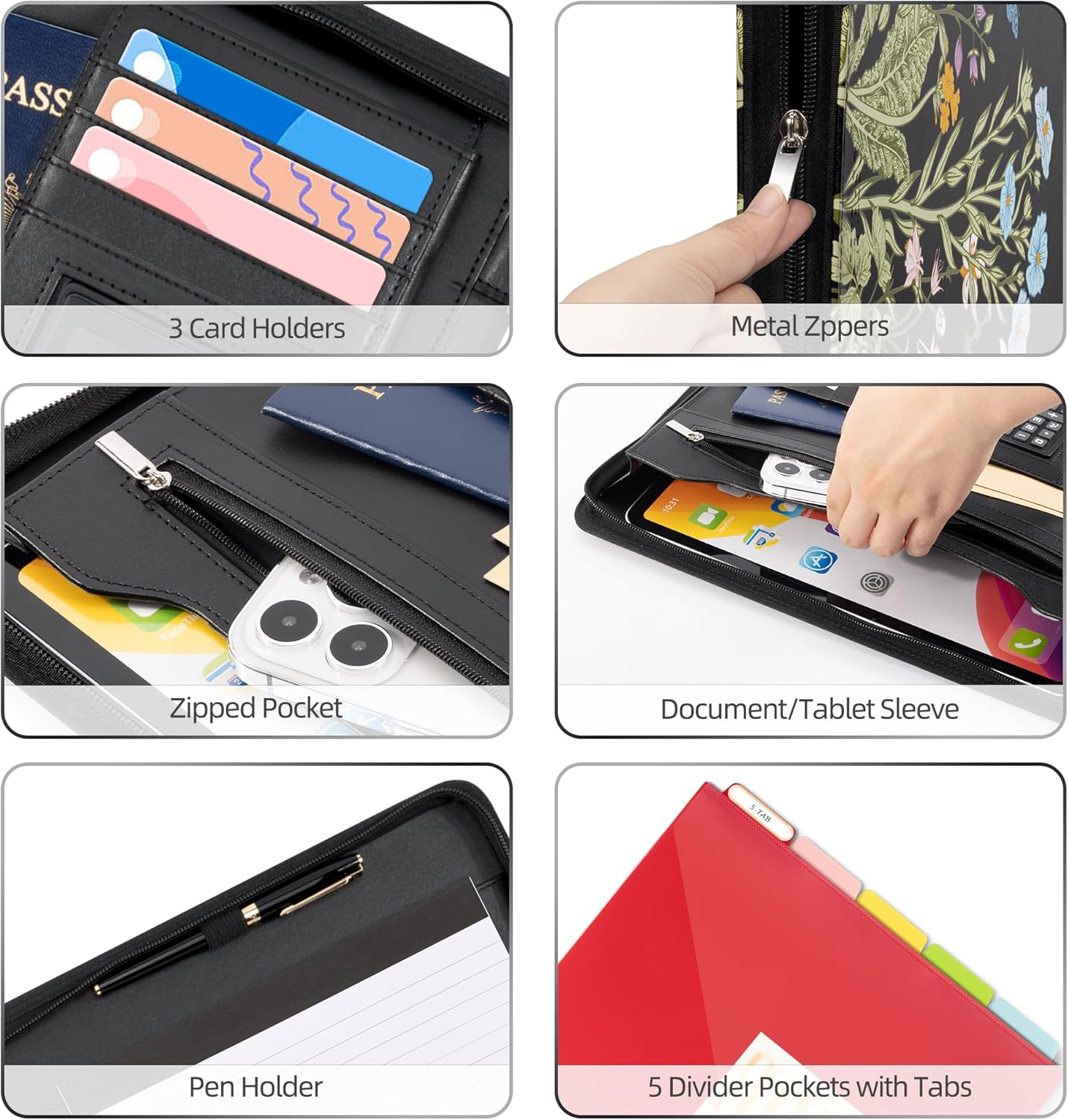 Ospelelf Zippered Padfolio Portfolio Folder, Leather Clipboard with Storage, 3 Ring Binder 1 Inch,12.1” Tablet Sleeve, 5 Dividers with Pocket, Refillable Notepad, Card Slot (Classic Black)