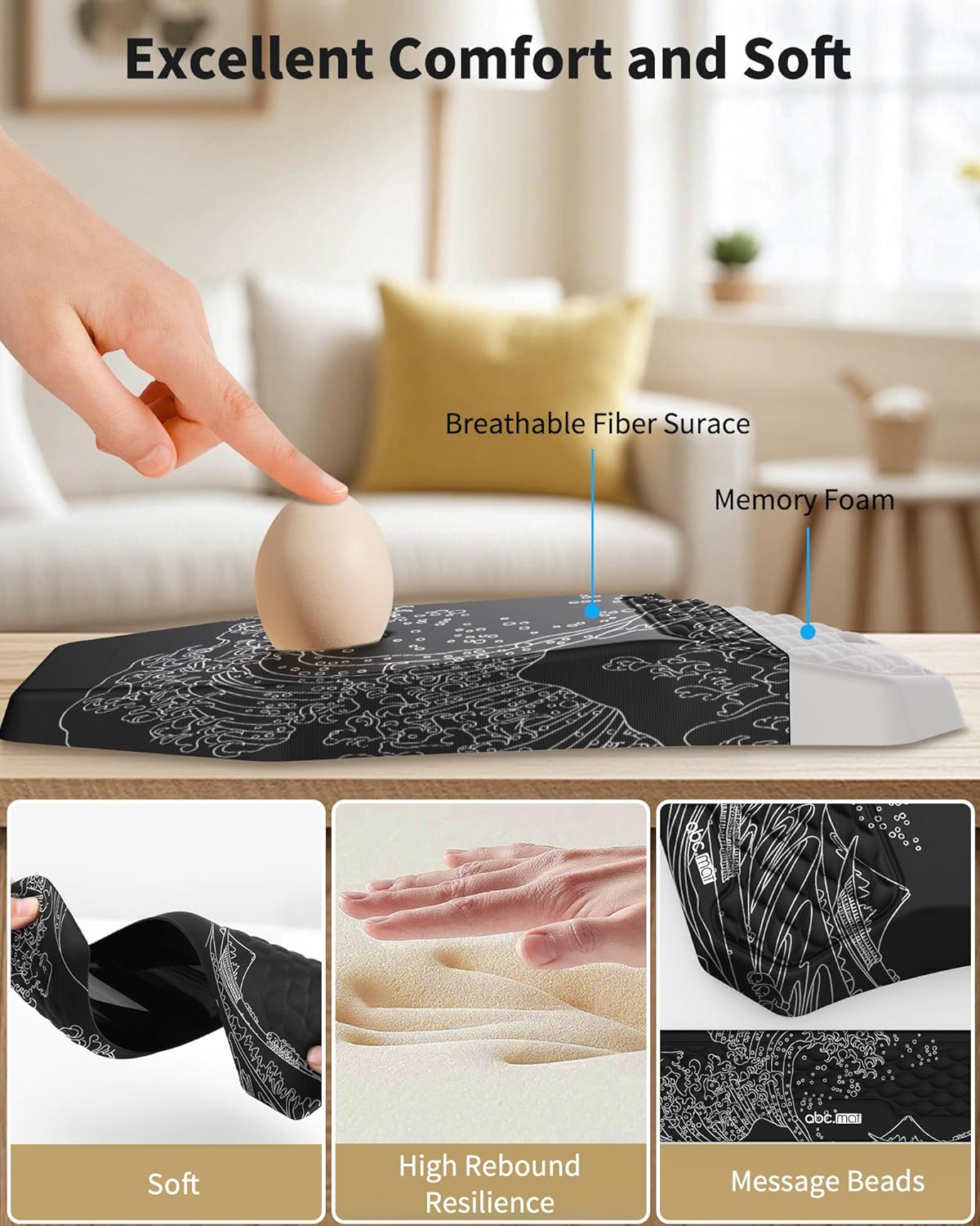 Ergonomic Mouse Pad and Keyboard Wrist Rest Support Set, Massage Design Mousepad for Carpal Tunnel Pain Relief, Memory Foam, Non-Slip PU Base for Computer Desk, Black