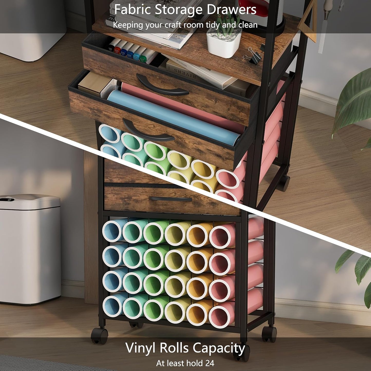 VENNQD Organizer and Storage Stand Compatible with Cricut Machines,Rolling Storage Cart/Shelf with 24 Vinyl Roll Holders，2 Fabric Drawer,Accessories Holder,Tool Hook for Craft Room Home (white)