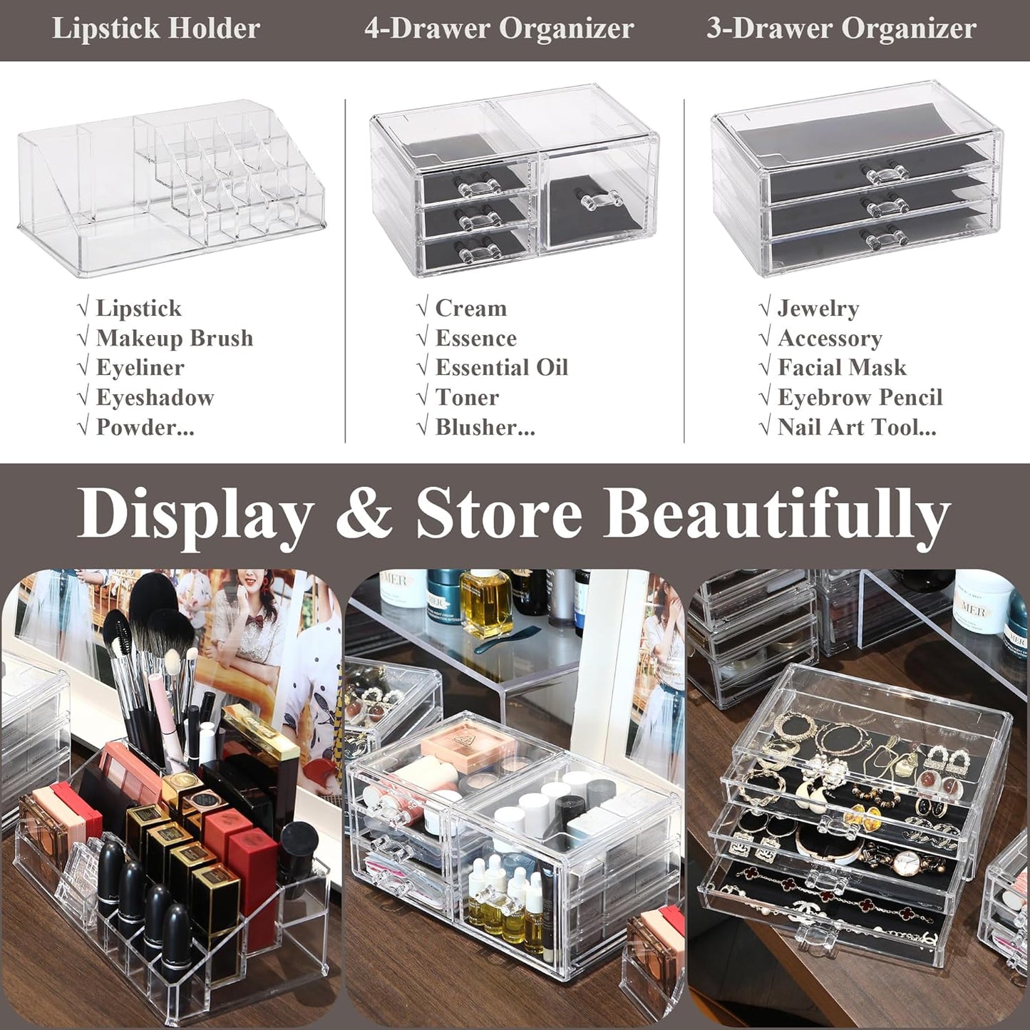 Sea Team Clear Makeup Organizer with Drawers, Acrylic Plastic Cosmetic Display Case, Jewelry Storage Box, Holder for Dresser, Bathroom, Vanity, Countertop (3 Middle Drawers)