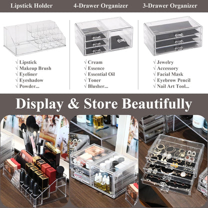 Sea Team Clear Makeup Organizer with Drawers, Acrylic Plastic Cosmetic Display Case, Jewelry Storage Box, Holder for Dresser, Bathroom, Vanity, Countertop (3 Middle Drawers)