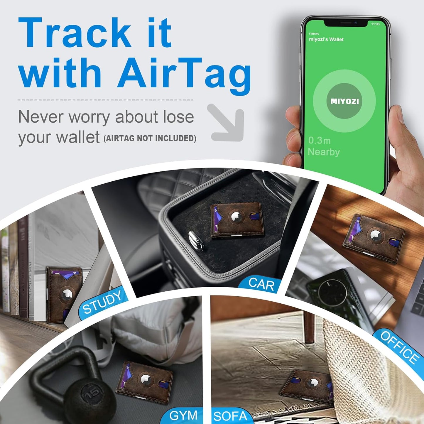 miyozi Airtag Wallet for Men,with Money Clip 11 Cards Slim Front Pocket Leather RFID Blocking Wallet with Gift Box